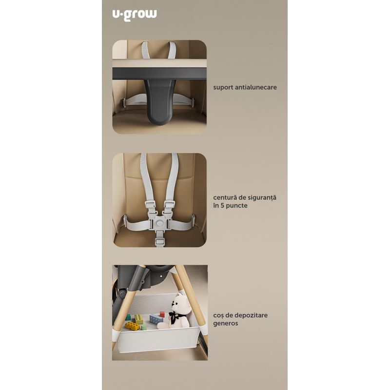 Jucarii, Copii si Bebe - Hrana si alaptare - Scaune de masa bebe - Scaun de masa U-Grow UG-330-BR, reglabil, pliabil, maro - Infinity.ro