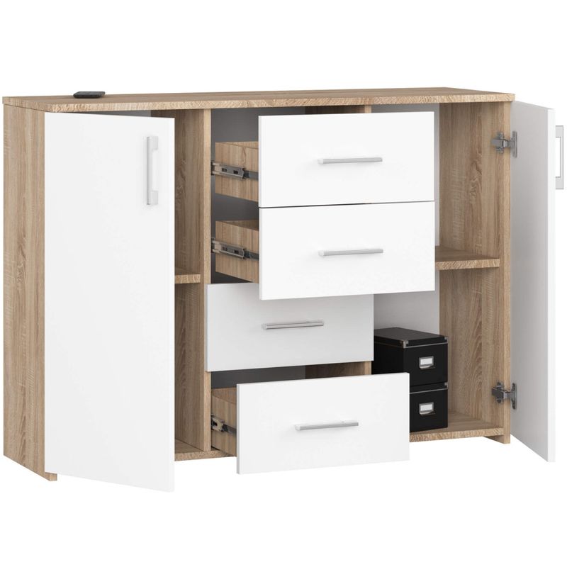Casa si Gradina - Mobilier - Comode si corpuri - Comode - Comoda cu 4 sertare si 2 usi, PAL laminat, 110x35x80 cm, stejar sonoma si alb - Infinity.ro