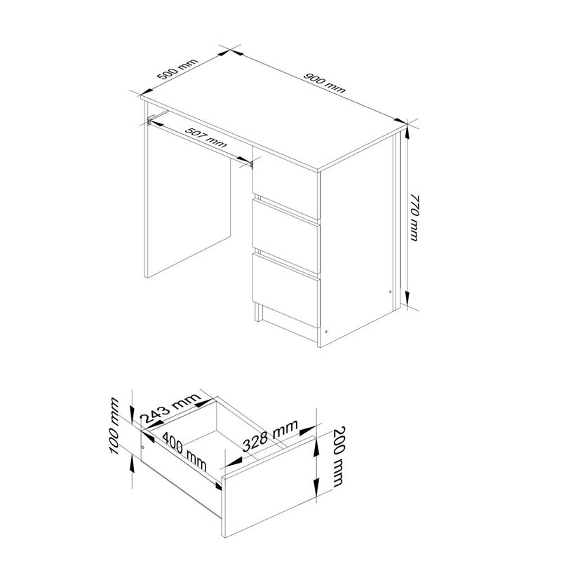 Casa si Gradina - Mobilier - Mese si birouri - Birouri - Birou computer cu 3 sertare si raft pentru tastatura, dreapta, 90x50x77 cm, alb - Infinity.ro