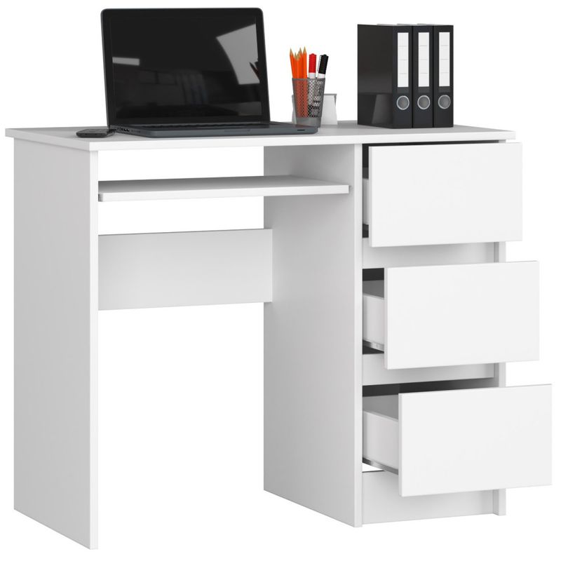 Casa si Gradina - Mobilier - Mese si birouri - Birouri - Birou computer cu 3 sertare si raft pentru tastatura, dreapta, 90x50x77 cm, alb - Infinity.ro