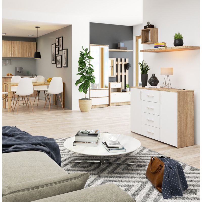 Casa si Gradina - Mobilier - Comode si corpuri - Comode - Comoda cu 4 sertare si 2 usi, PAL laminat, 110x35x80 cm, stejar sonoma si alb - Infinity.ro