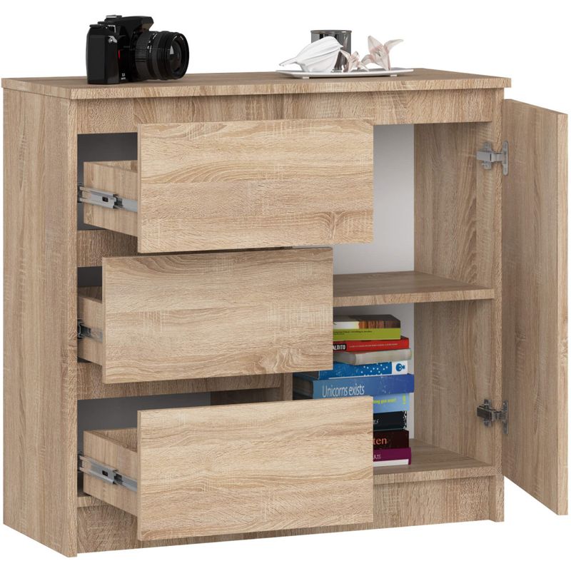Casa si Gradina - Mobilier - Comode si corpuri - Comode - Comoda JERRY cu 3 sertare si dulap cu rafturi, PAL laminat, 80x35x77 cm, stejar sonoma - Infinity.ro