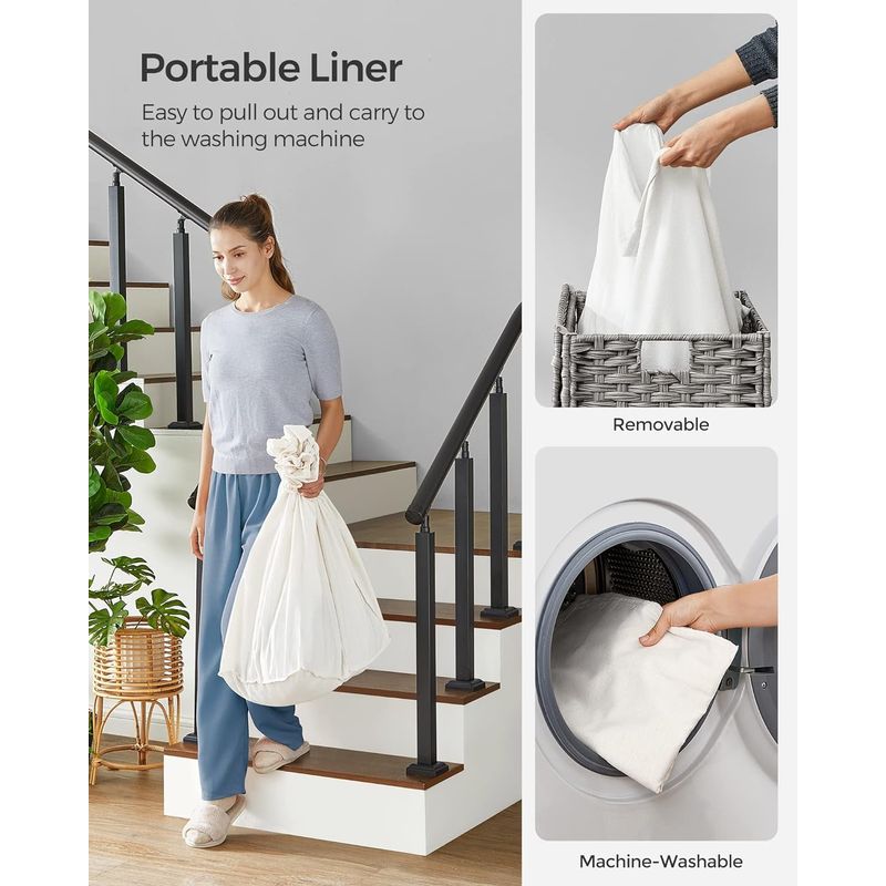 Market - Spalare si intretinere rufe - Uscatoare de rufe si accesorii - Cos de rufe tesut manual, cu captuseala detasabila lavabila, 3 compartimente, stil ratan, 140 litri, 66x33x60 cm, gri - Infinity.ro