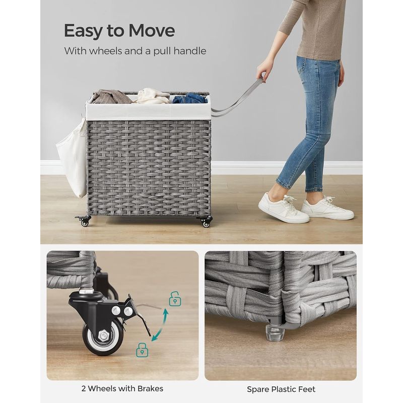 Market - Spalare si intretinere rufe - Uscatoare de rufe si accesorii - Cos de rufe tesut manual, cu captuseala detasabila lavabila, 3 compartimente, stil ratan, 140 litri, 66x33x60 cm, gri - Infinity.ro