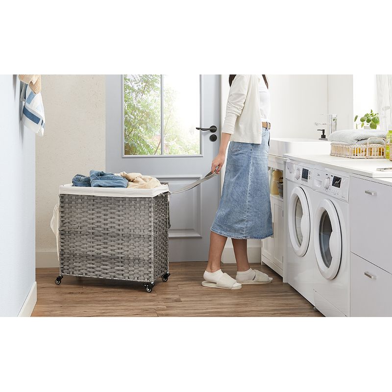 Market - Spalare si intretinere rufe - Uscatoare de rufe si accesorii - Cos de rufe tesut manual, cu captuseala detasabila lavabila, 3 compartimente, stil ratan, 140 litri, 66x33x60 cm, gri - Infinity.ro