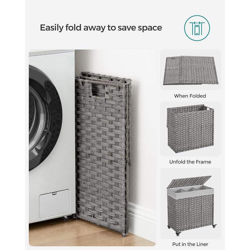 Market - Spalare si intretinere rufe - Uscatoare de rufe si accesorii - Cos de rufe tesut manual, cu captuseala detasabila lavabila, 3 compartimente, stil ratan, 140 litri, 66x33x60 cm, gri - Infinity.ro