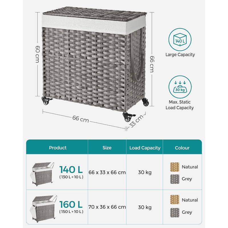 Market - Spalare si intretinere rufe - Uscatoare de rufe si accesorii - Cos de rufe tesut manual, cu captuseala detasabila lavabila, 3 compartimente, stil ratan, 140 litri, 66x33x60 cm, gri - Infinity.ro