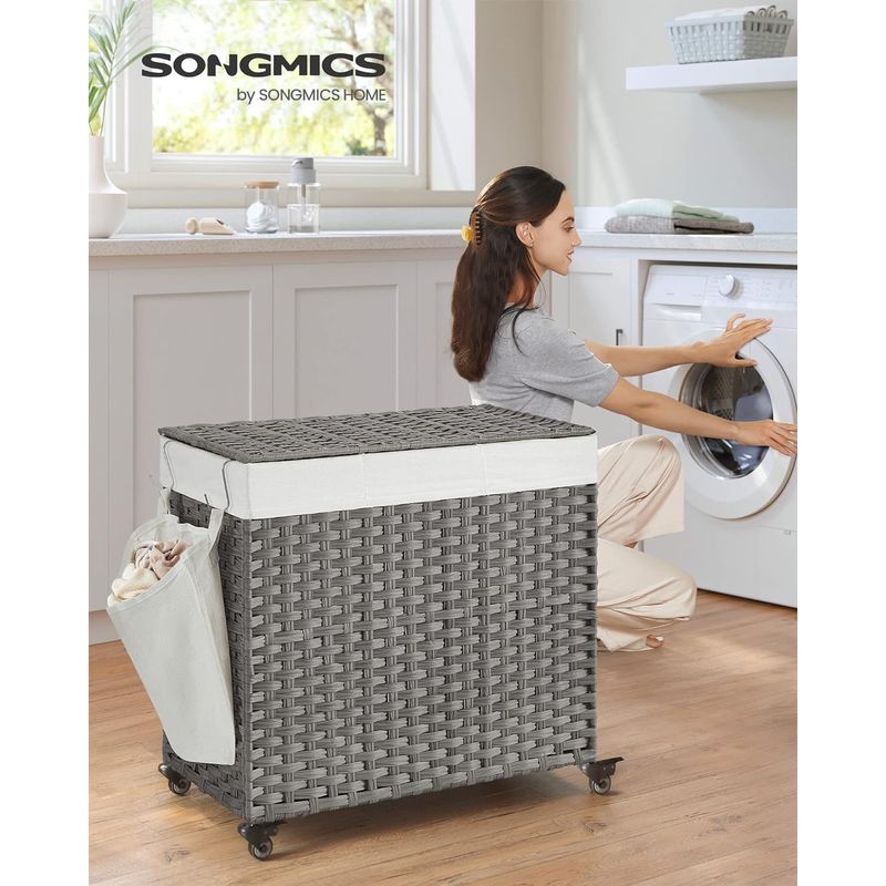 Market - Spalare si intretinere rufe - Uscatoare de rufe si accesorii - Cos de rufe tesut manual, cu captuseala detasabila lavabila, 3 compartimente, stil ratan, 140 litri, 66x33x60 cm, gri - Infinity.ro