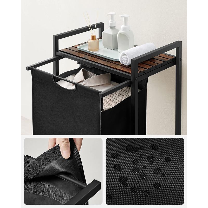 Market - Spalare si intretinere rufe - Uscatoare de rufe si accesorii - Cos de rufe, sac de rufe detasabil, raft, cadru metalic, 65L, 50x33x72 cm, maro rustic si negru - Infinity.ro