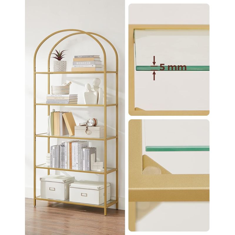 Casa si Gradina - Mobilier - Biblioteci si rafturi - Biblioteci - Raft cu trepte pentru dormitor, 5 etaje, din sticla securizata, cadru din otel cu arcada, 83x30x184cm, auriu - Infinity.ro