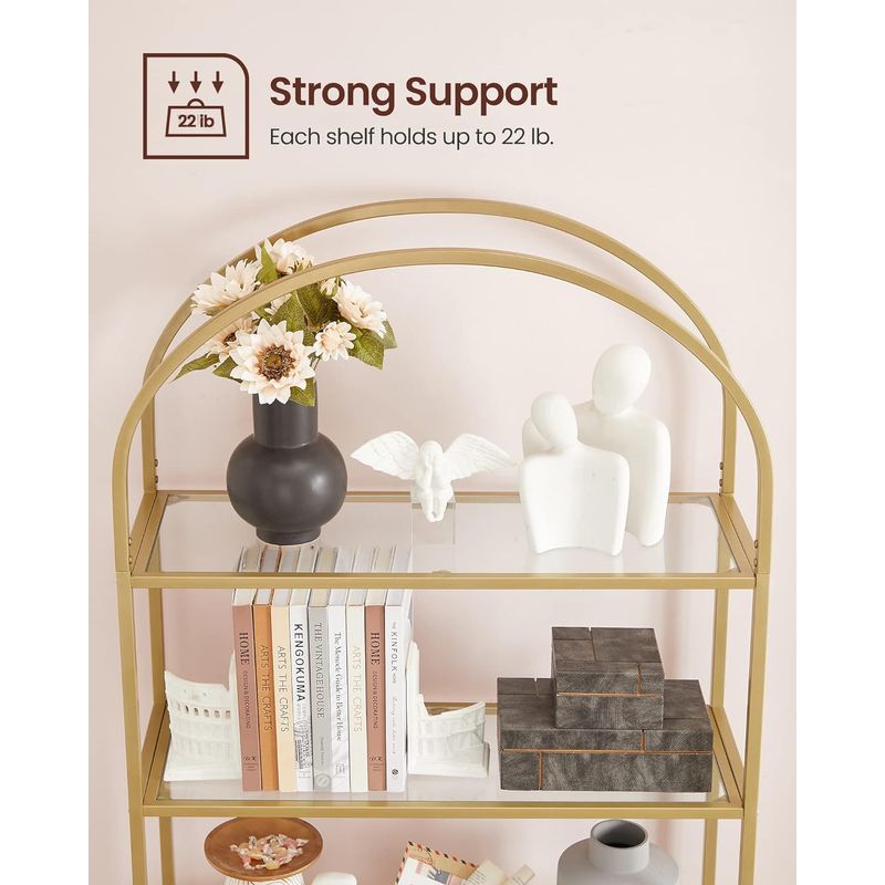 Casa si Gradina - Mobilier - Biblioteci si rafturi - Biblioteci - Raft cu trepte pentru dormitor, 5 etaje, din sticla securizata, cadru din otel cu arcada, 83x30x184cm, auriu - Infinity.ro