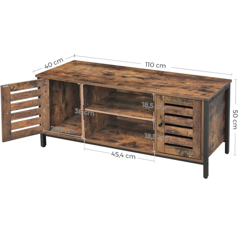 Casa si Gradina - Mobilier - Comode si corpuri - Comode - Comoda joasa pentru suport TV, cu rafturi si 2 spatii de depozitare cu usa, stil industrial, 110x40x50cm, rustic - Infinity.ro