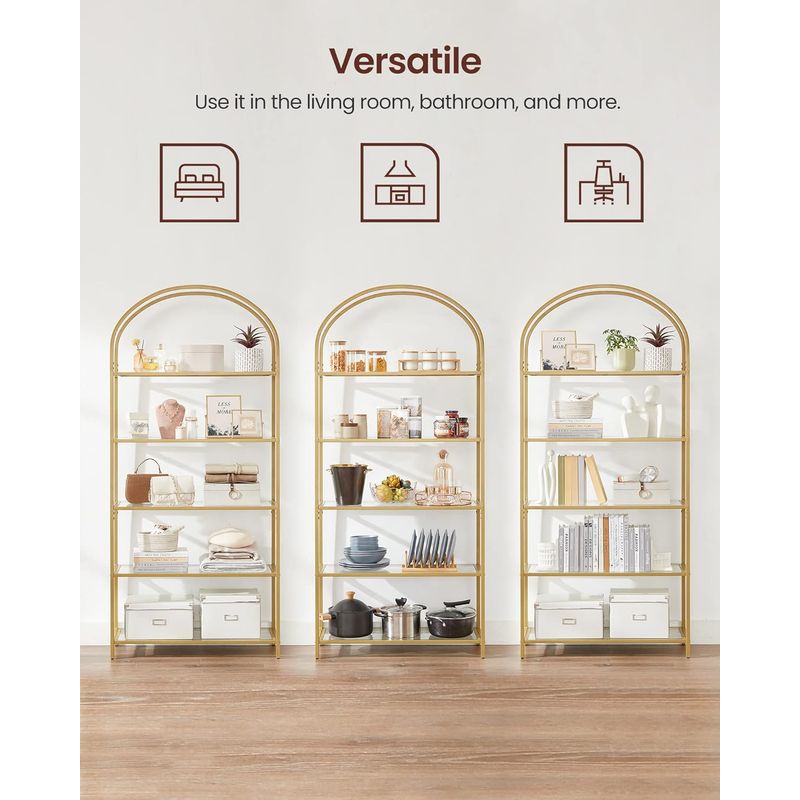 Casa si Gradina - Mobilier - Biblioteci si rafturi - Biblioteci - Raft cu trepte pentru dormitor, 5 etaje, din sticla securizata, cadru din otel cu arcada, 83x30x184cm, auriu - Infinity.ro