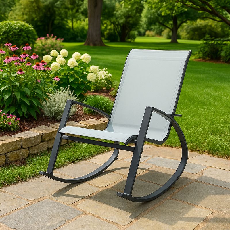 Casa si Gradina - Gradina si terasa - Balansoare si hamace - Balansoare - Scaun balansoar de gradina din metal si textil, 60x104x95 cm, capacitate 120 kg, gri - Infinity.ro