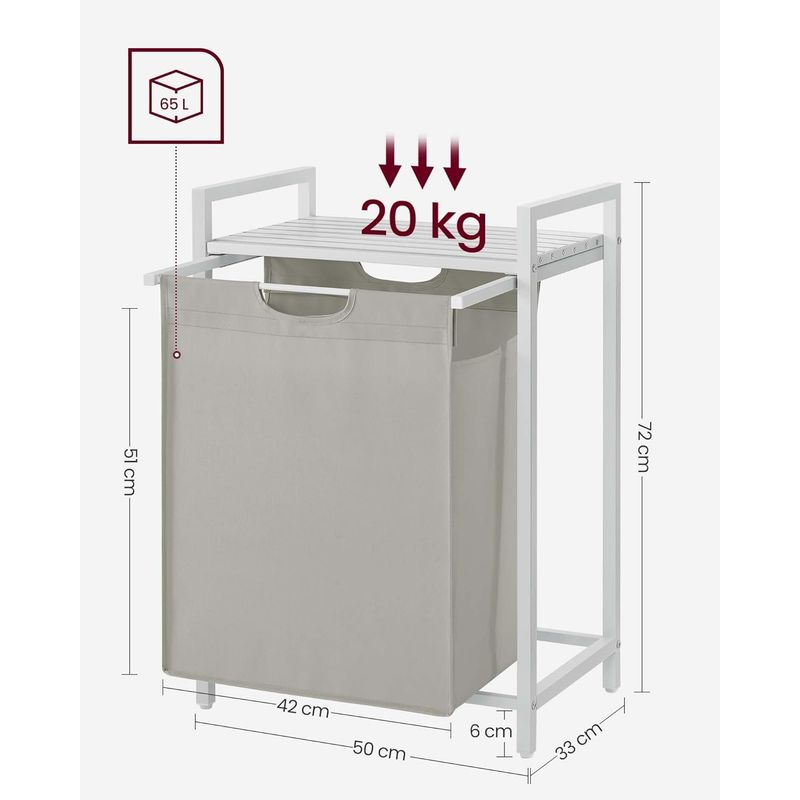 Market - Spalare si intretinere rufe - Uscatoare de rufe si accesorii - Cos de rufe, sac de rufe detasabil, raft, cadru metalic, 65L, 50x33x72 cm, alb - Infinity.ro