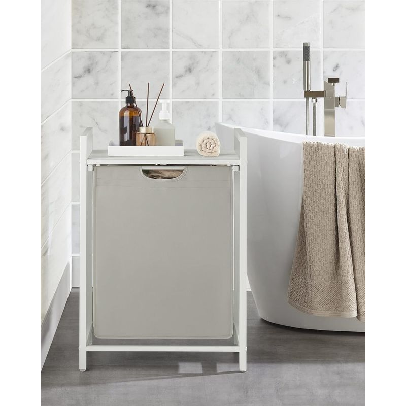 Market - Spalare si intretinere rufe - Uscatoare de rufe si accesorii - Cos de rufe, sac de rufe detasabil, raft, cadru metalic, 65L, 50x33x72 cm, alb - Infinity.ro