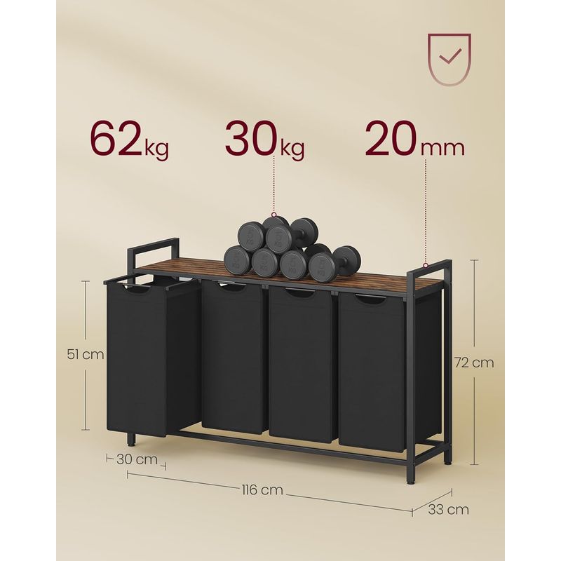 Market - Spalare si intretinere rufe - Uscatoare de rufe si accesorii - Cos rufe 4x40L, saci detasabili, raft superior si cadru metalic, 116x33x72 cm, maro si negru - Infinity.ro