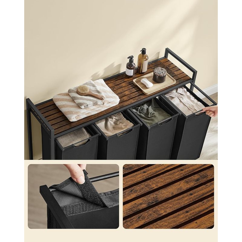 Market - Spalare si intretinere rufe - Uscatoare de rufe si accesorii - Cos rufe 4x40L, saci detasabili, raft superior si cadru metalic, 116x33x72 cm, maro si negru - Infinity.ro