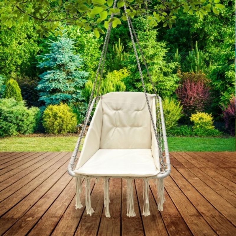 Casa si Gradina - Gradina si terasa - Balansoare si hamace - Balansoare - Scaun patrat tip leagan suspendat cu perna pentru casa sau gradina, 60x65x115cm, bej - Infinity.ro