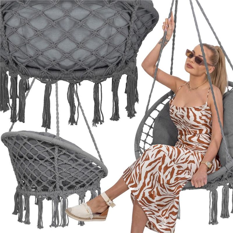 Casa si Gradina - Gradina si terasa - Balansoare si hamace - Balansoare - Scaun rotund Sersimo tip leagan suspendat cu perna Confort Plus casa sau gradina, gri inchis - Infinity.ro