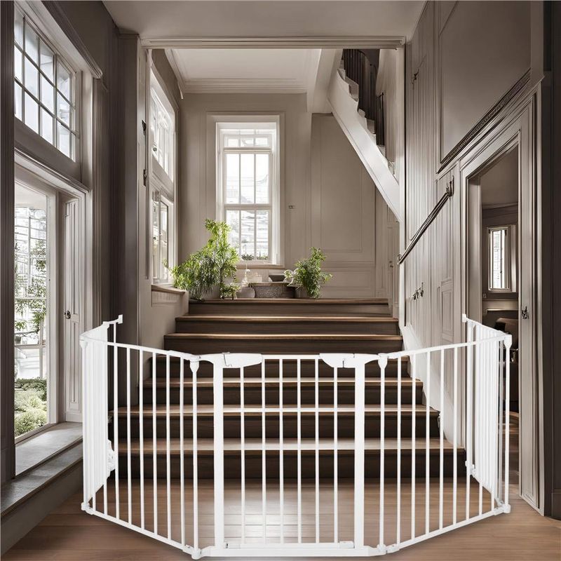 Petshop - Accesorii petshop - Jucarii animale - Jucarii educative - Bariera de protectie pentru copii, 318x75 cm, alba – 5 panouri, poarta cu blocare, montaj pe perete - Infinity.ro