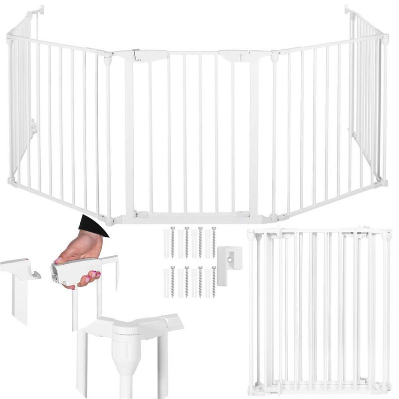 Petshop - Accesorii petshop - Jucarii animale - Jucarii educative - Bariera de protectie pentru copii, 318x75 cm, alba – 5 panouri, poarta cu blocare, montaj pe perete - Infinity.ro