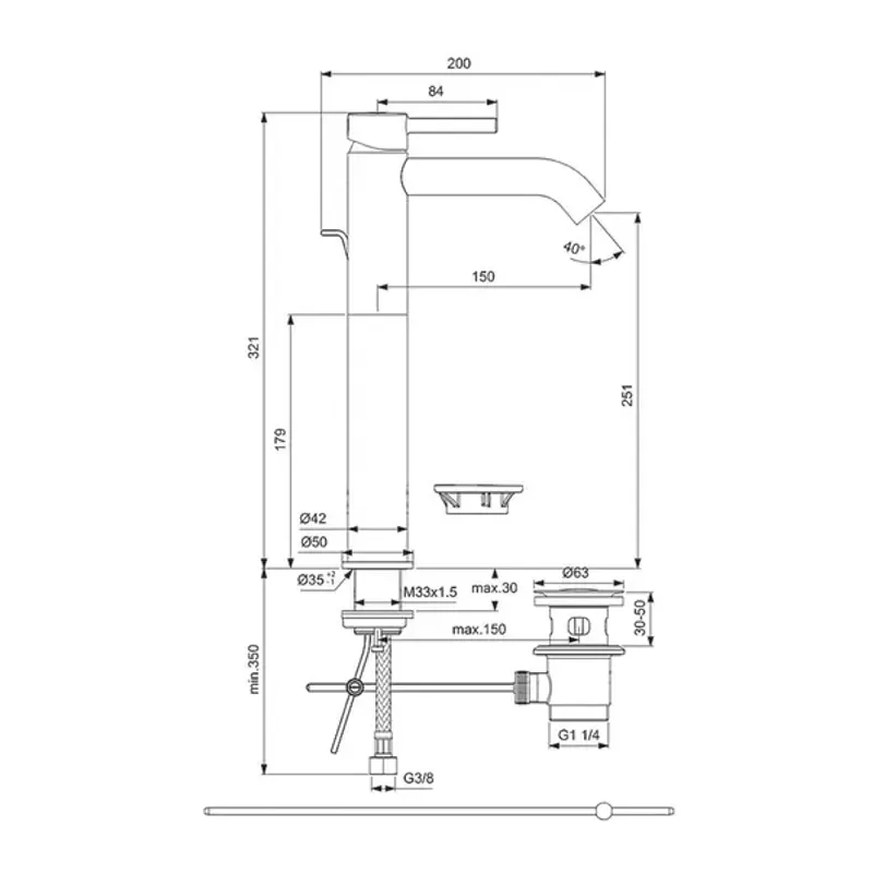 Casa si Gradina - Sanitare - Lavoar baie si accesorii - Baterii sanitare - Baterie lavoar inalta Ideal Standard Ceraline cu ventil metalic Pop-Up negru mat - Infinity.ro