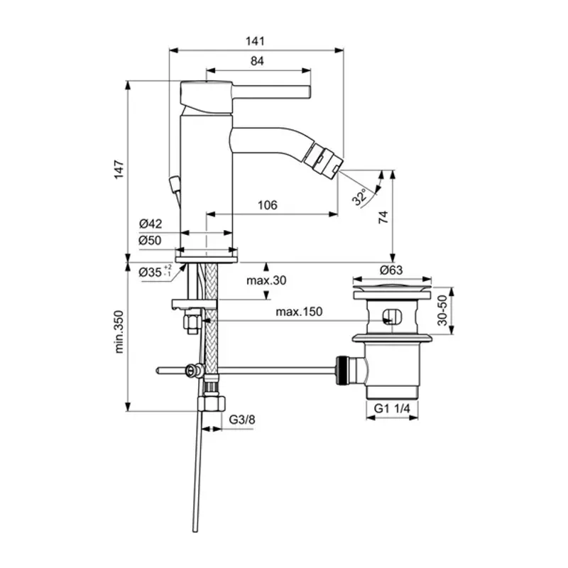 Casa si Gradina - Sanitare - Lavoar baie si accesorii - Baterii sanitare - Baterie bideu Ideal Standard Ceraline cu ventil pop-up negru mat - Infinity.ro