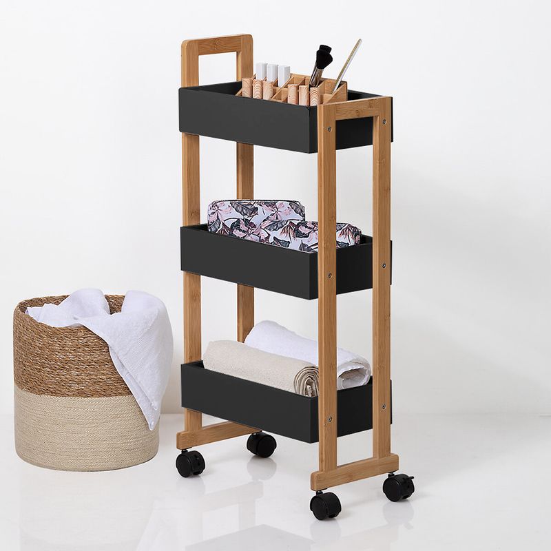 Casa si Gradina - Mobilier - Mobilier baie - Corpuri baie - Etajera cu roti Atmosphera Natureo cu 3 niveluri, bambus si MDF, 41x20x81 cm, negru - Infinity.ro