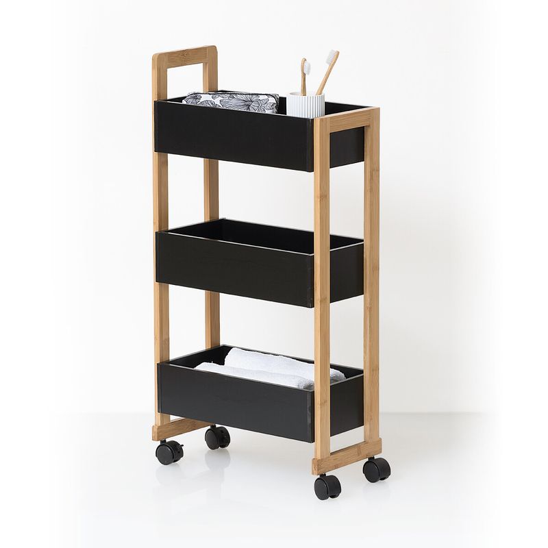 Casa si Gradina - Mobilier - Mobilier baie - Corpuri baie - Etajera cu roti Atmosphera Natureo cu 3 niveluri, bambus si MDF, 41x20x81 cm, negru - Infinity.ro