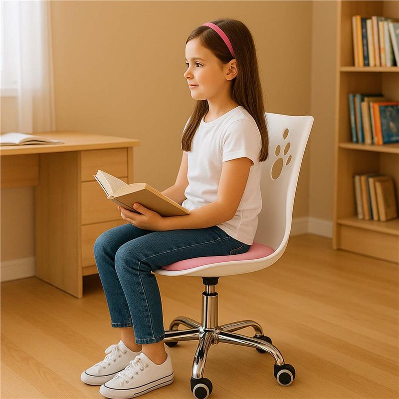 Casa si Gradina - Mobilier - Scaune si fotolii - Scaune - Scaun birou ergonomic, cu sezut din spuma, reglabil pe inaltime, maxim 120 kg, 90x49x48 cm, alb si roz - Infinity.ro