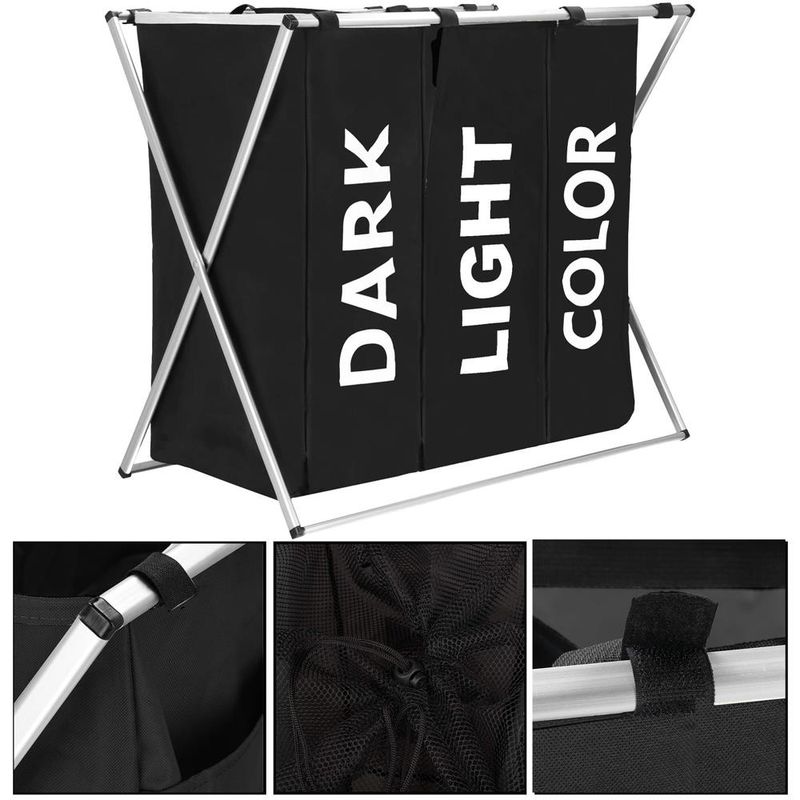 Market - Spalare si intretinere rufe - Uscatoare de rufe si accesorii - Cos de rufe cu 3 compartimente, cadru aluminiu, 68x40x60cm, 146 litri, negru - Infinity.ro