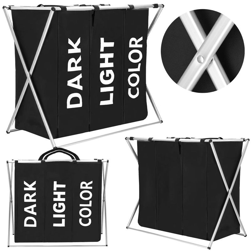 Market - Spalare si intretinere rufe - Uscatoare de rufe si accesorii - Cos de rufe cu 3 compartimente, cadru aluminiu, 68x40x60cm, 146 litri, negru - Infinity.ro