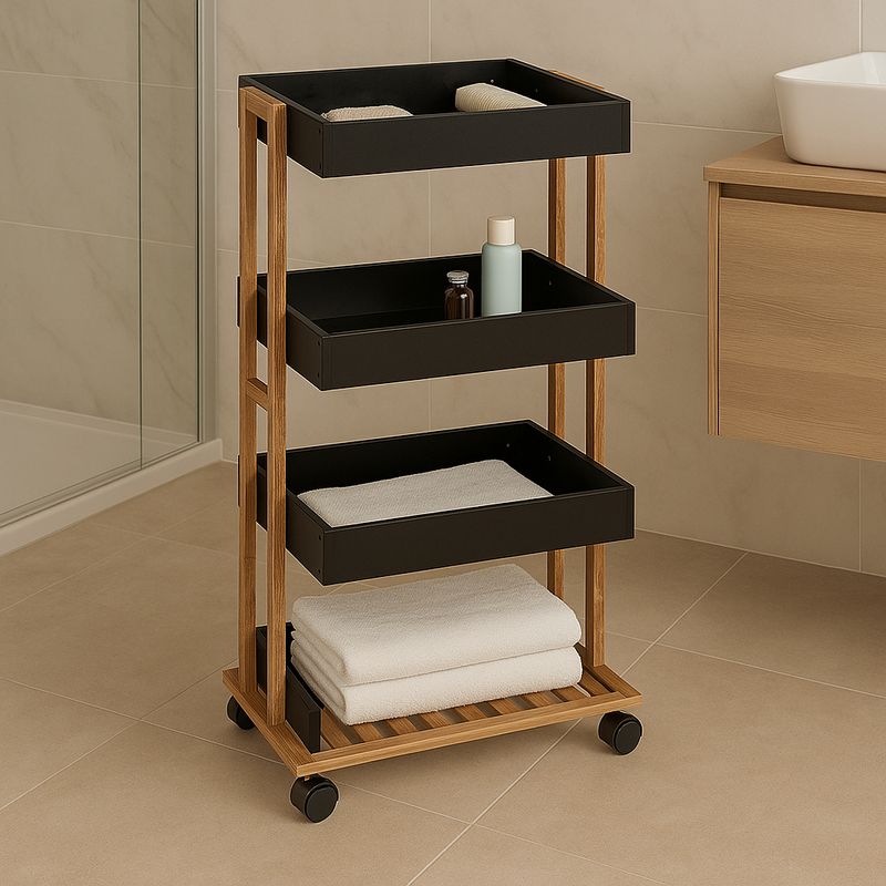 Casa si Gradina - Mobilier - Biblioteci si rafturi - Etajere - Etajera cu 4 rafturi 5Five Natureo pe roti, MDF si bambus, 40x30x88 cm, negru - Infinity.ro