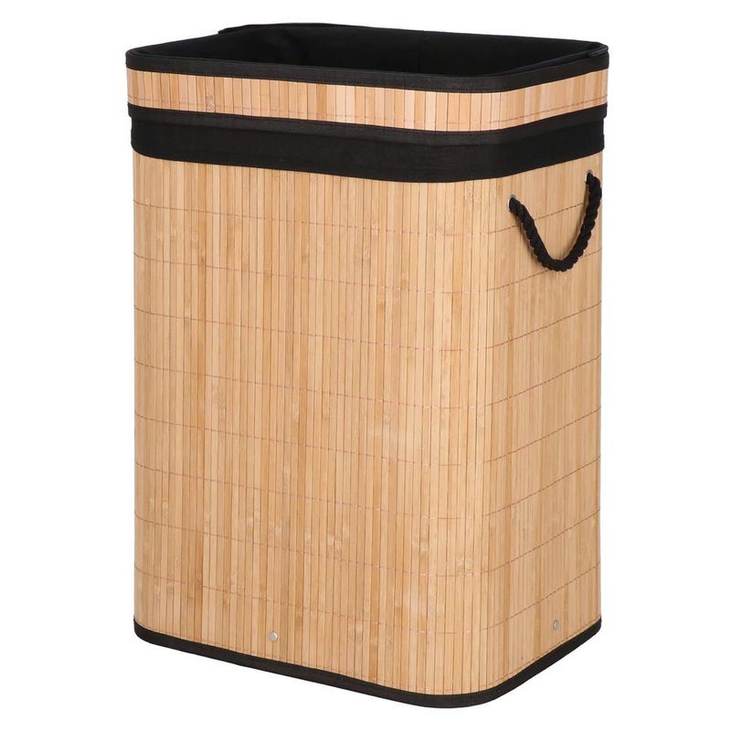 Market - Spalare si intretinere rufe - Uscatoare de rufe si accesorii - Cos de rufe din bambus cu capac, sac detasabil, volum 72L, 42x33x60cm, maro - Infinity.ro