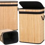 Market - Spalare si intretinere rufe - Uscatoare de rufe si accesorii - Cos de rufe din bambus cu capac, sac detasabil, volum 72L, 42x33x60cm, maro - Infinity.ro