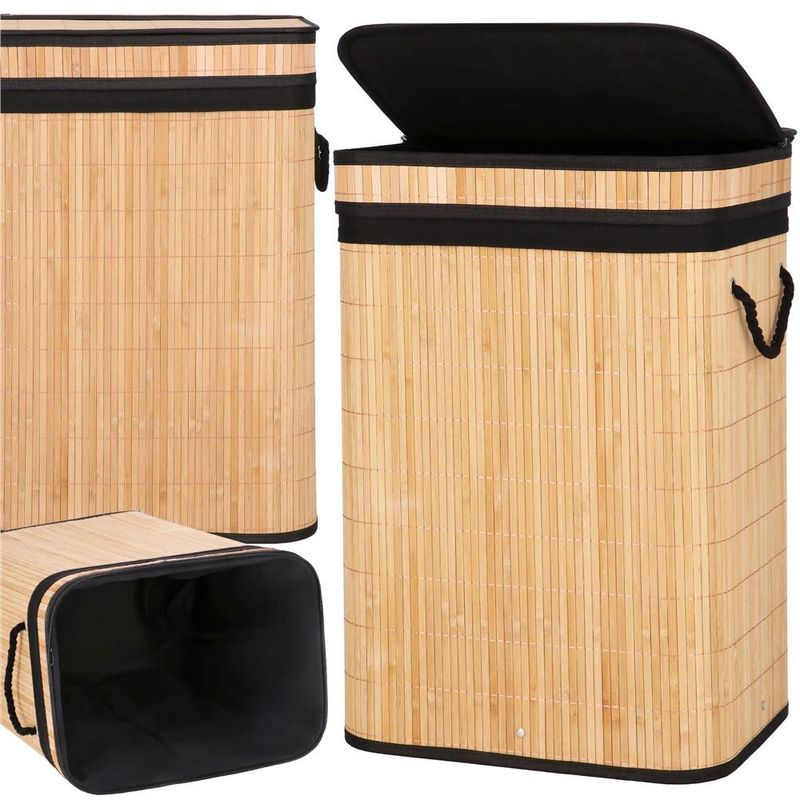 Market - Spalare si intretinere rufe - Uscatoare de rufe si accesorii - Cos de rufe din bambus cu capac, sac detasabil, volum 72L, 42x33x60cm, maro - Infinity.ro