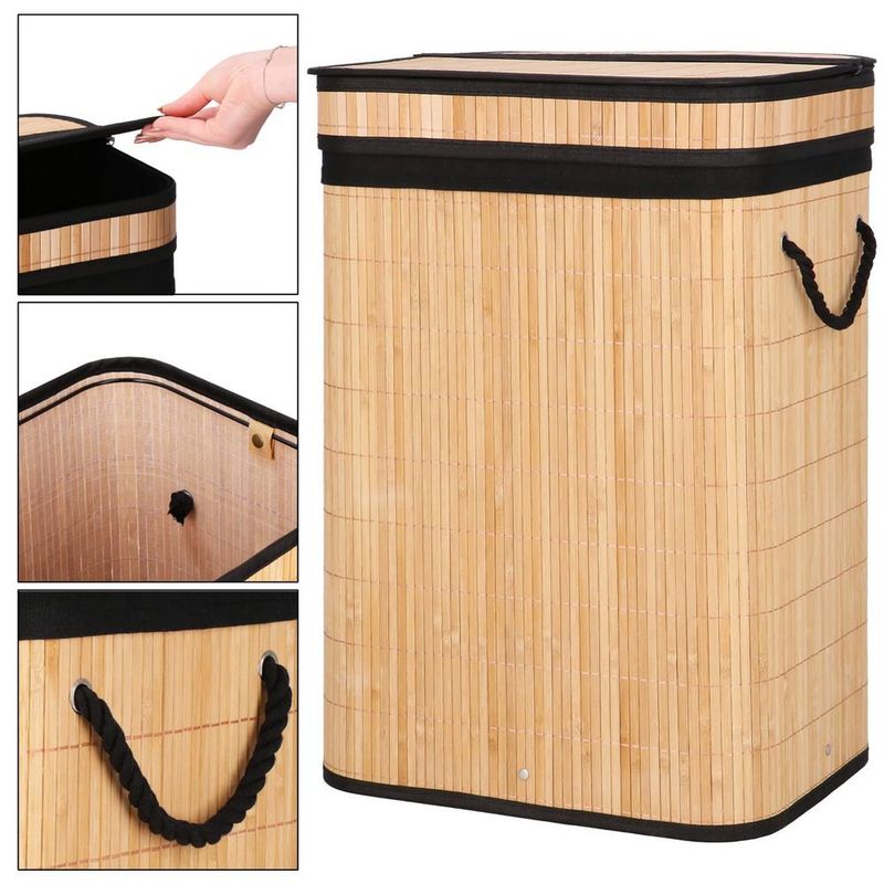 Market - Spalare si intretinere rufe - Uscatoare de rufe si accesorii - Cos de rufe din bambus cu capac, sac detasabil, volum 72L, 42x33x60cm, maro - Infinity.ro