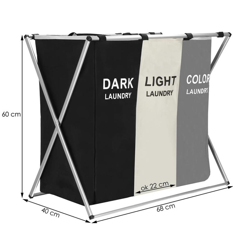 Market - Spalare si intretinere rufe - Uscatoare de rufe si accesorii - Cos de rufe cu 3 compartimente, cadru aluminiu, 68x40x60cm, 146 litri - Infinity.ro