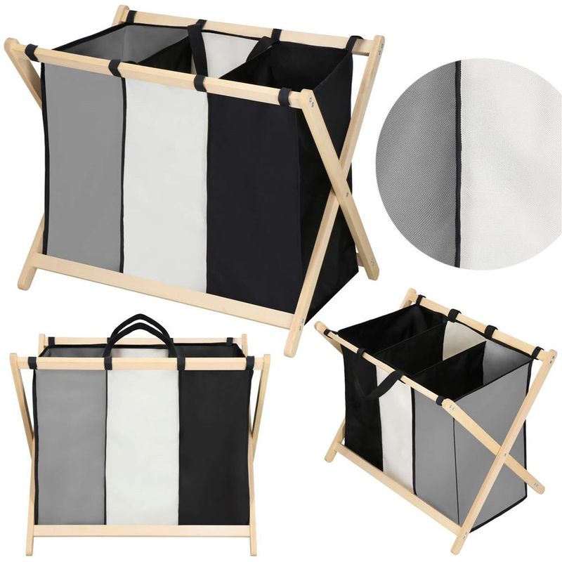 Market - Spalare si intretinere rufe - Uscatoare de rufe si accesorii - Cos de rufe cu 3 compartimente, cadru din lemn, 67x42x57 cm, 105 litri - Infinity.ro