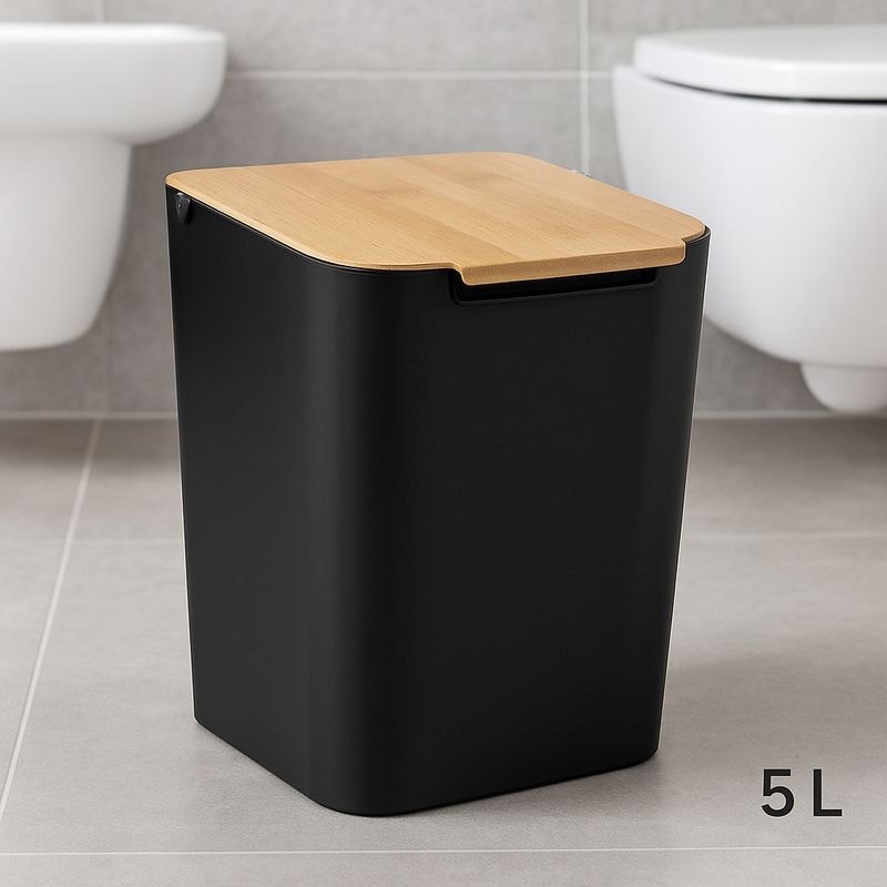 Casa si Gradina - Mobilier - Organizare si depozitare - Cosuri de gunoi - Cos gunoi 5Five Natureo cu capac, polipropilena si bambus, 5 litri, 22x19x24 cm, negru - Infinity.ro