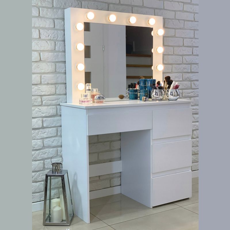 Casa si Gradina - Mobilier - Comode si corpuri - Masute de toaleta - Masa de toaleta si machiaj Hollywood Pro, alba, cu 4 sertare, oglinda si 12 LED-uri, 90x40x140 cm - Infinity.ro