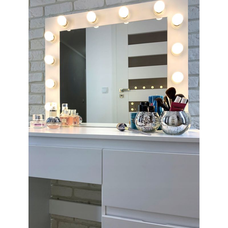 Casa si Gradina - Mobilier - Comode si corpuri - Masute de toaleta - Masa de toaleta si machiaj Hollywood Pro, alba, cu 4 sertare, oglinda si 12 LED-uri, 90x40x140 cm - Infinity.ro