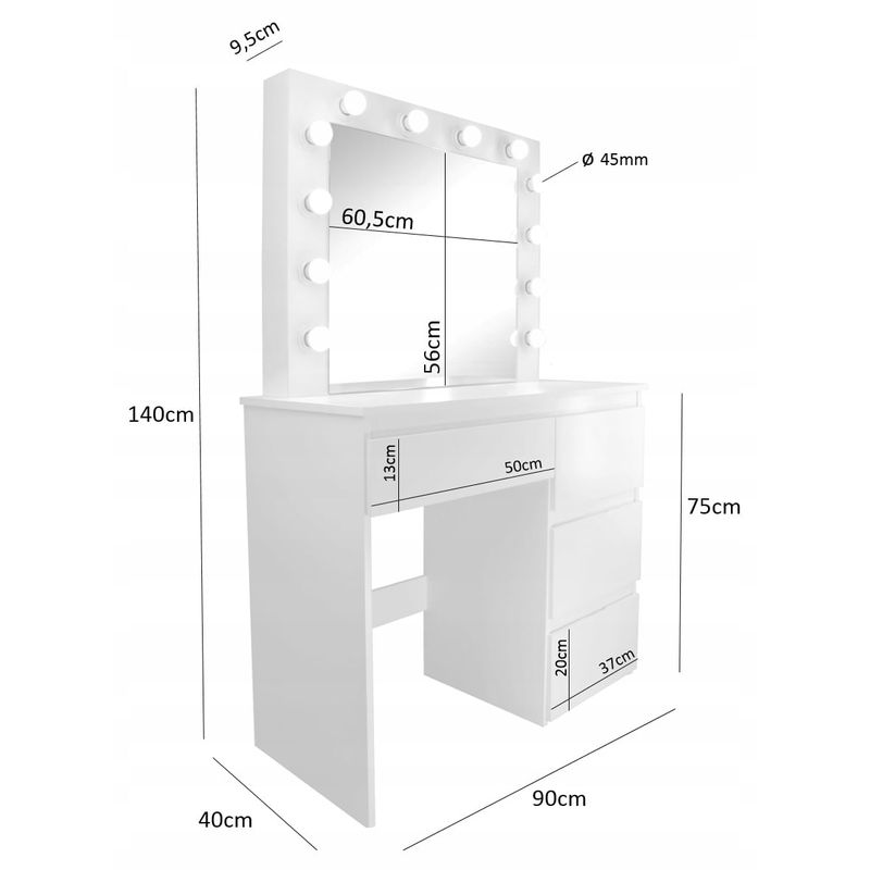 Casa si Gradina - Mobilier - Comode si corpuri - Masute de toaleta - Masa de toaleta si machiaj Hollywood Pro, alba, cu 4 sertare, oglinda si 12 LED-uri, 90x40x140 cm - Infinity.ro