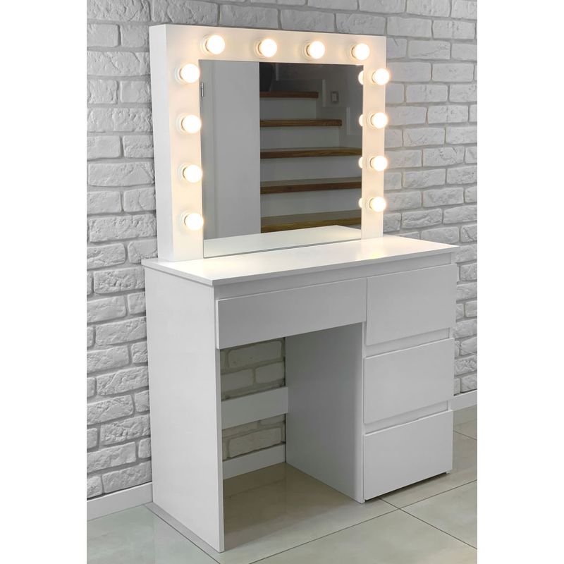 Casa si Gradina - Mobilier - Comode si corpuri - Masute de toaleta - Masa de toaleta si machiaj Hollywood Pro, alba, cu 4 sertare, oglinda si 12 LED-uri, 90x40x140 cm - Infinity.ro