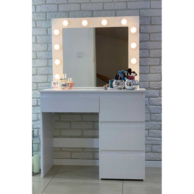 Casa si Gradina - Mobilier - Comode si corpuri - Masute de toaleta - Masa de toaleta si machiaj Hollywood Pro, alba, cu 4 sertare, oglinda si 12 LED-uri, 90x40x140 cm - Infinity.ro