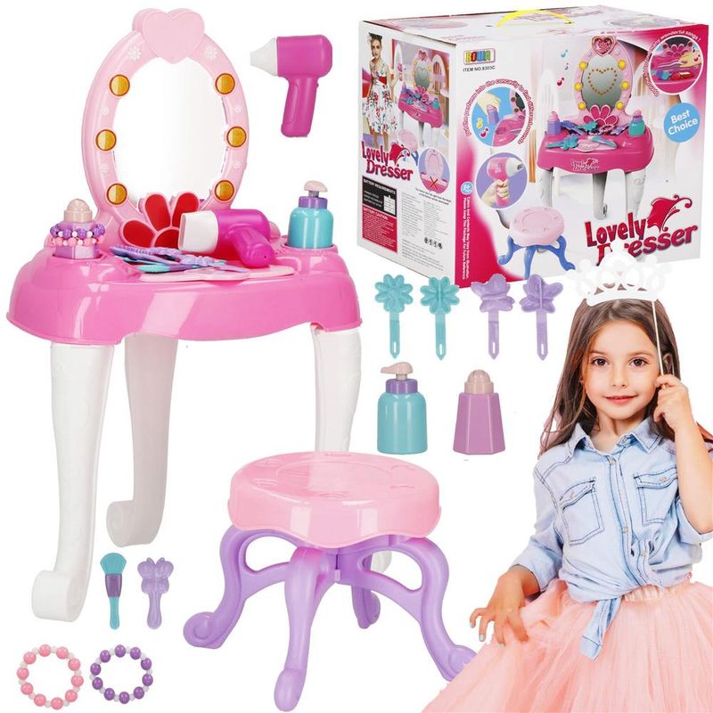 Casa si Gradina - Mobilier - Mobilier copii - Mobilier camera copiilor - Masa toaleta pentru copii, cu taburet, 19 accesorii joaca, din plastic, 37x20x60 cm, roz - Infinity.ro