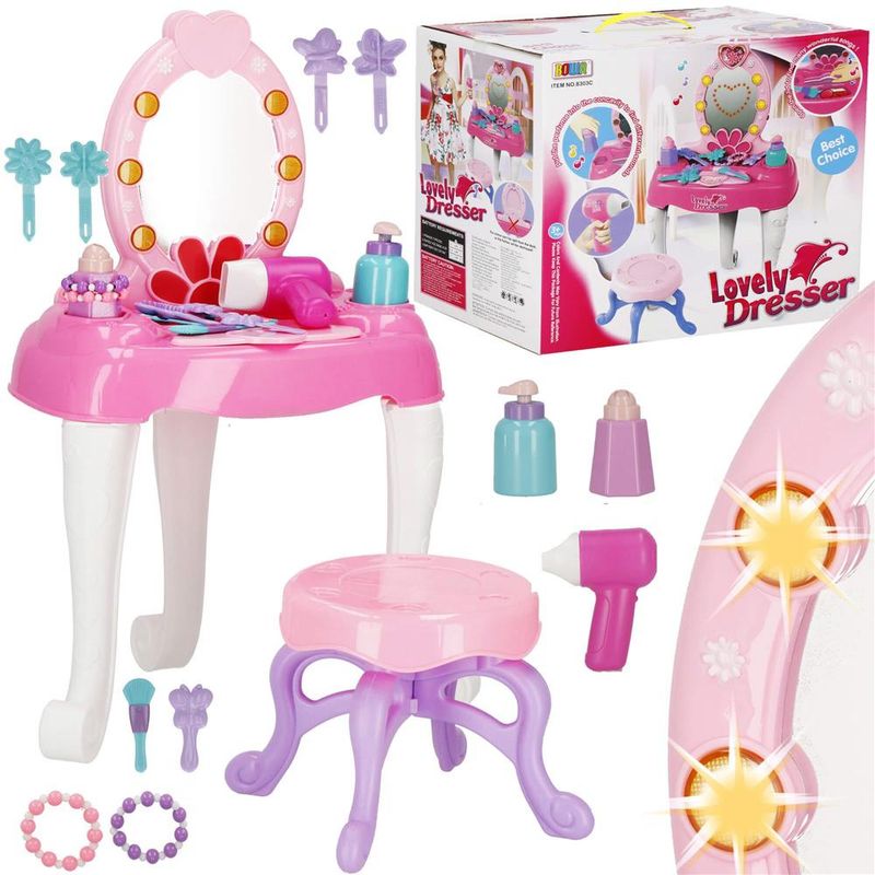 Casa si Gradina - Mobilier - Mobilier copii - Mobilier camera copiilor - Masa toaleta pentru copii, cu taburet, 19 accesorii joaca, din plastic, 37x20x60 cm, roz - Infinity.ro