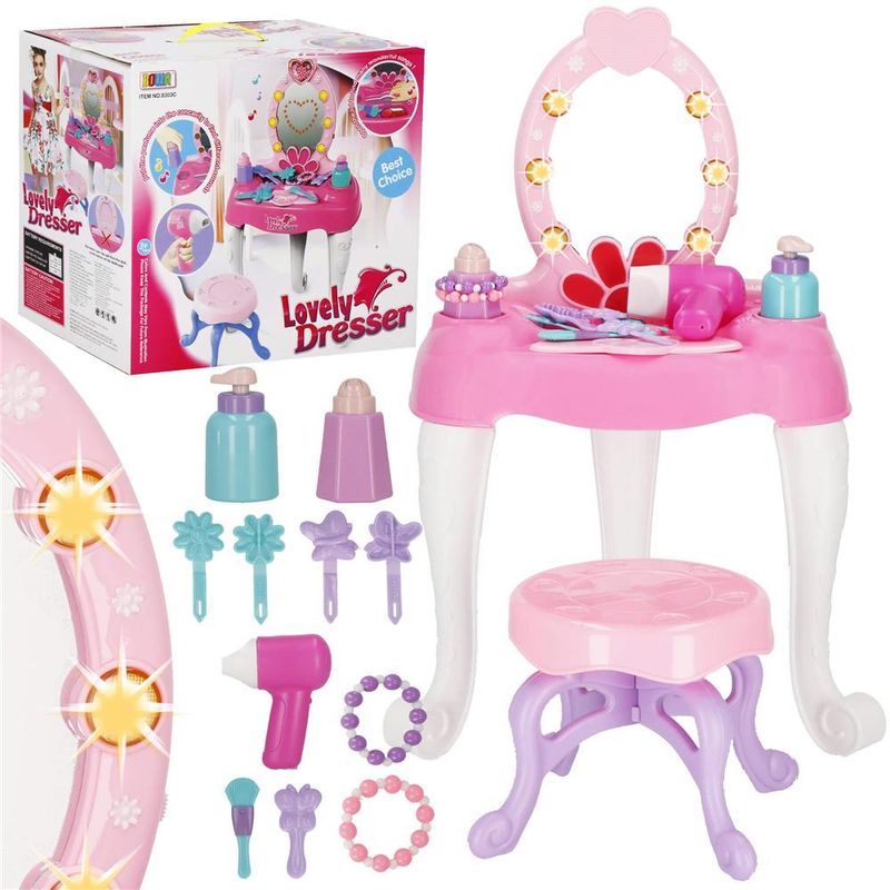 Casa si Gradina - Mobilier - Mobilier copii - Mobilier camera copiilor - Masa toaleta pentru copii, cu taburet, 19 accesorii joaca, din plastic, 37x20x60 cm, roz - Infinity.ro