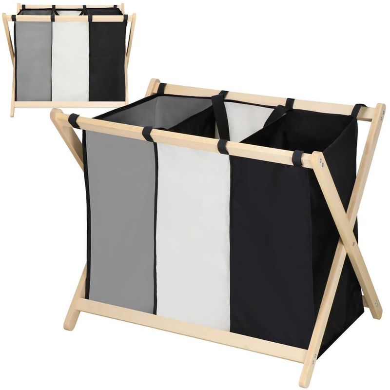 Market - Spalare si intretinere rufe - Uscatoare de rufe si accesorii - Cos de rufe cu 3 compartimente, cadru din lemn, 67x43x55 cm, 105 litri - Infinity.ro